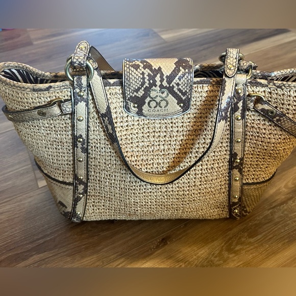 Coach Natalie Tan Straw Satchel w Python Print Leather Trim Tote Handbag - Picture 2 of 12